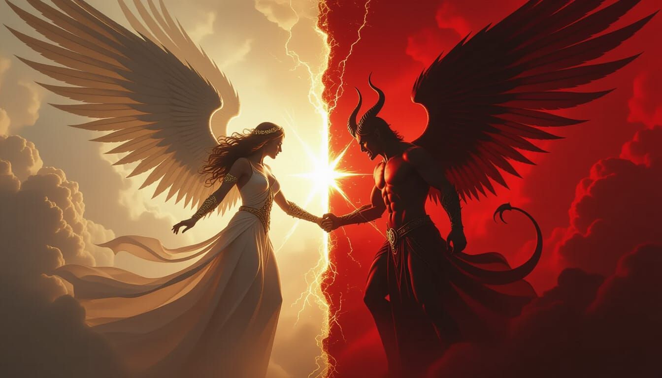 Angel vs Demon Split: Cosmic Struggle in Digital Matte Paint...
