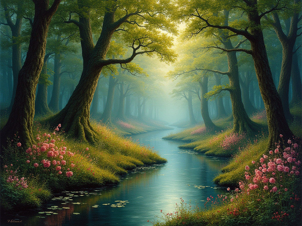 Enchanted Forest Scene in Pre-Raphaelite Style