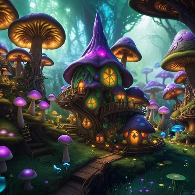 Magical Fairy Village with Glowing Mushroom Houses