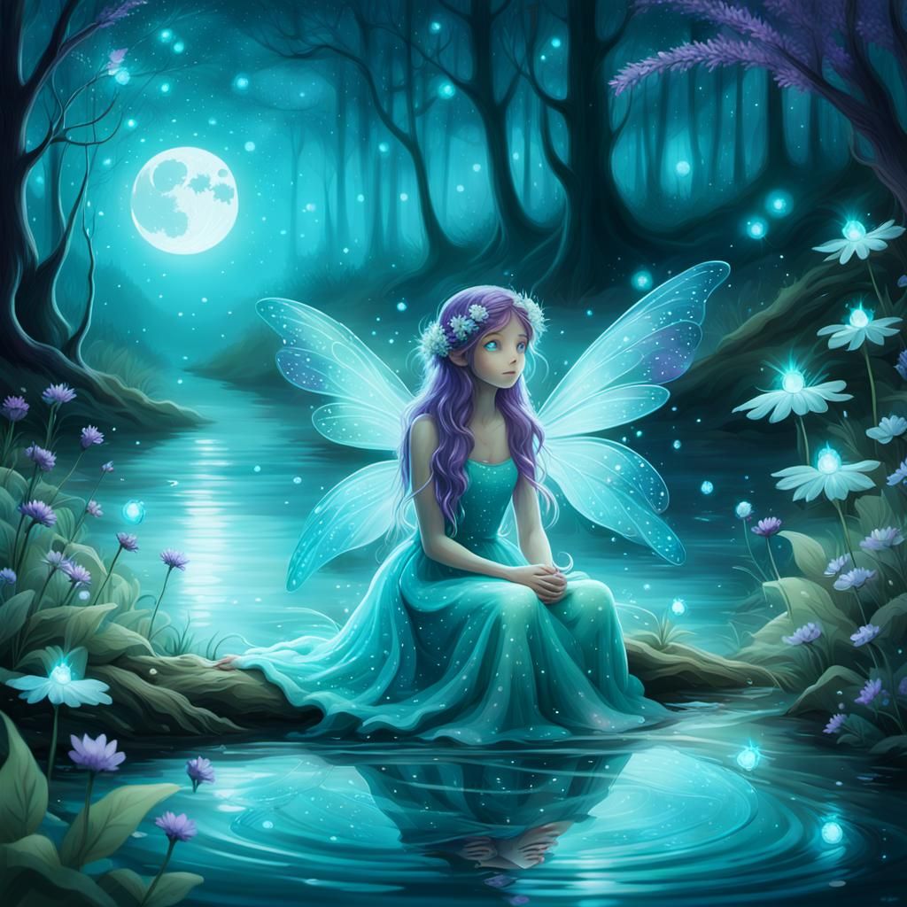 Enchanted Fairy in Moonlit Turquoise Forest