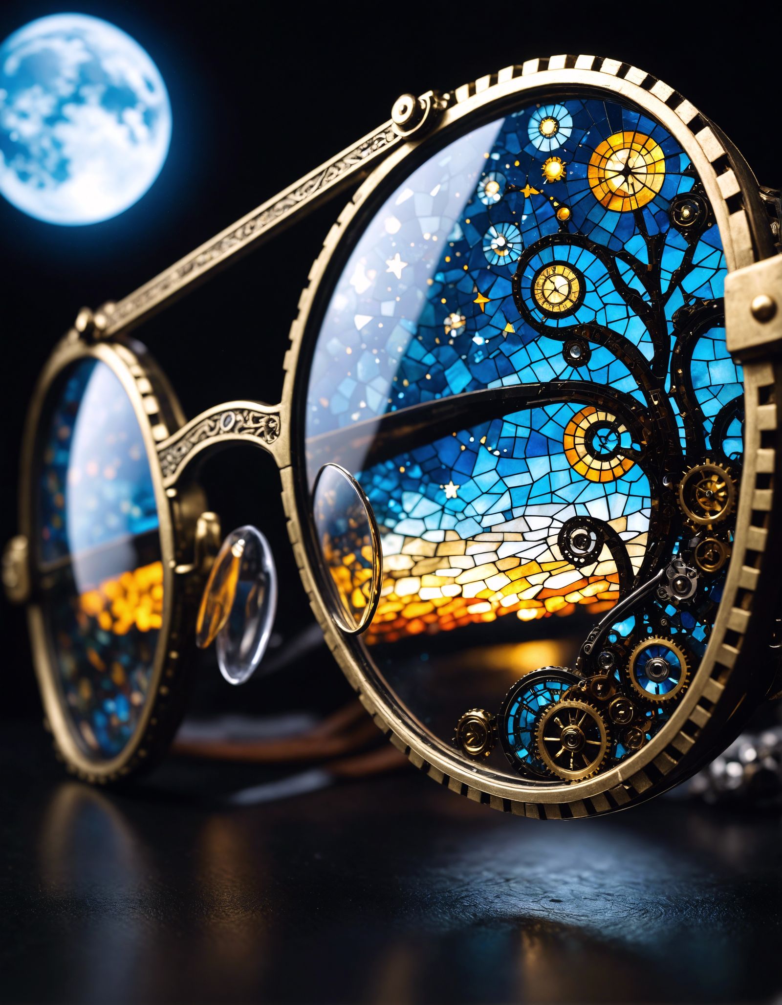 Steampunk Stained Glass Mosaic Glasses Reflecting Starry Sky