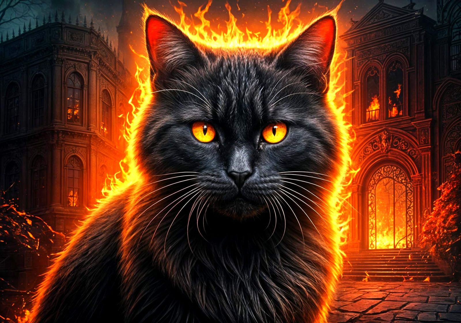Evil Black Cat in Hellfire: Hyperrealistic Illustration