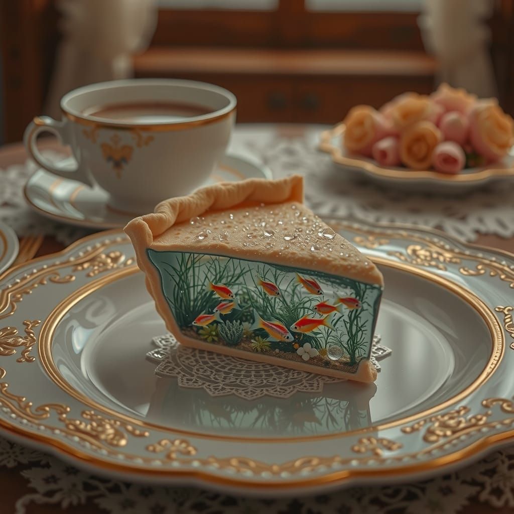 Vibrant Glass Aquarium on Rustic Dining Table in Golden Ligh...