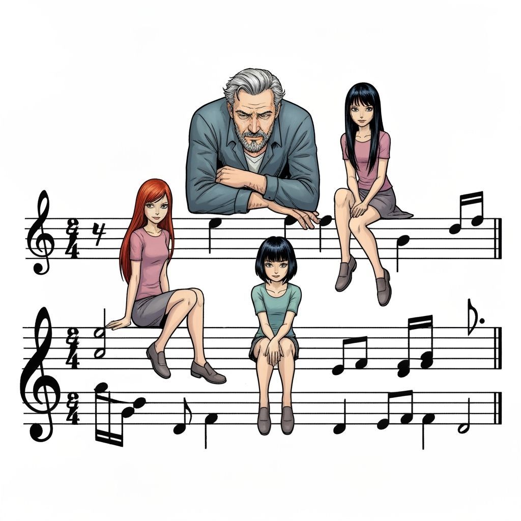 Comic Art of Musicians on Musical Staff