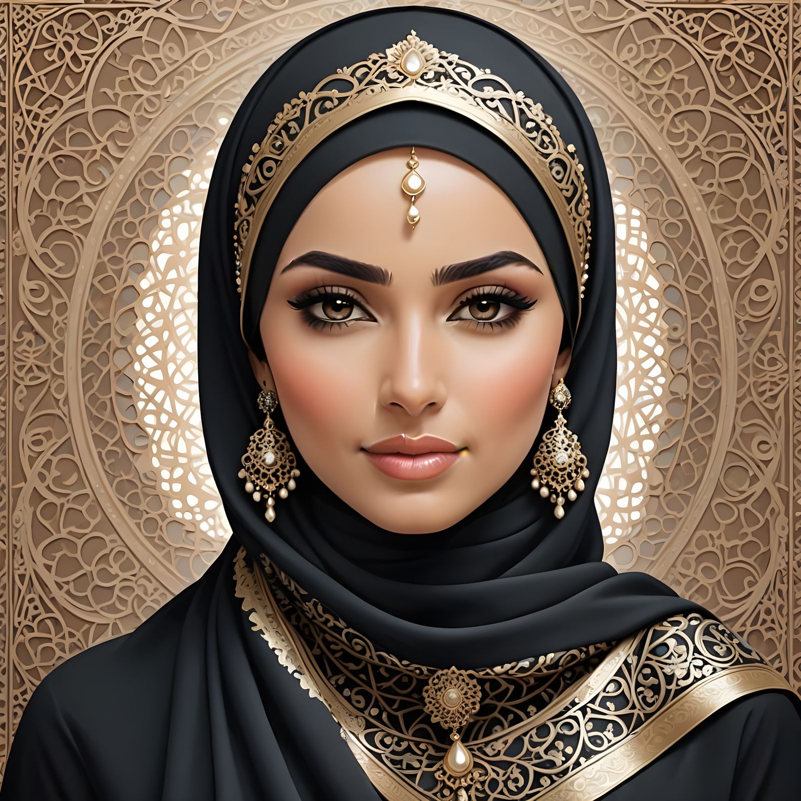 Beautiful Woman in Hijab with Ornament Background