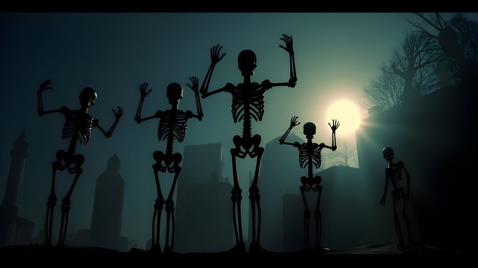 Spooky Skeletons Dancing in Dramatic Cinematic Light