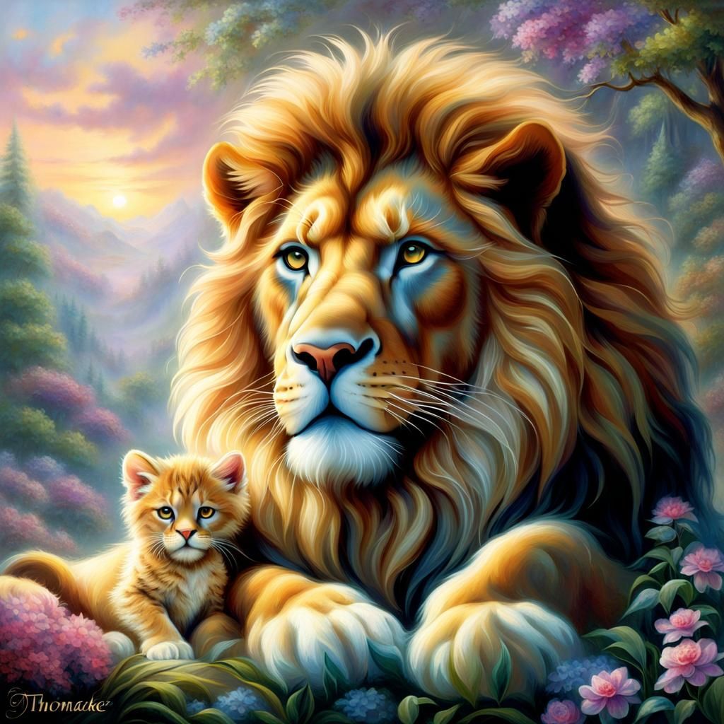Lion and Kitten Snuggled in Ethereal Fantasy Style