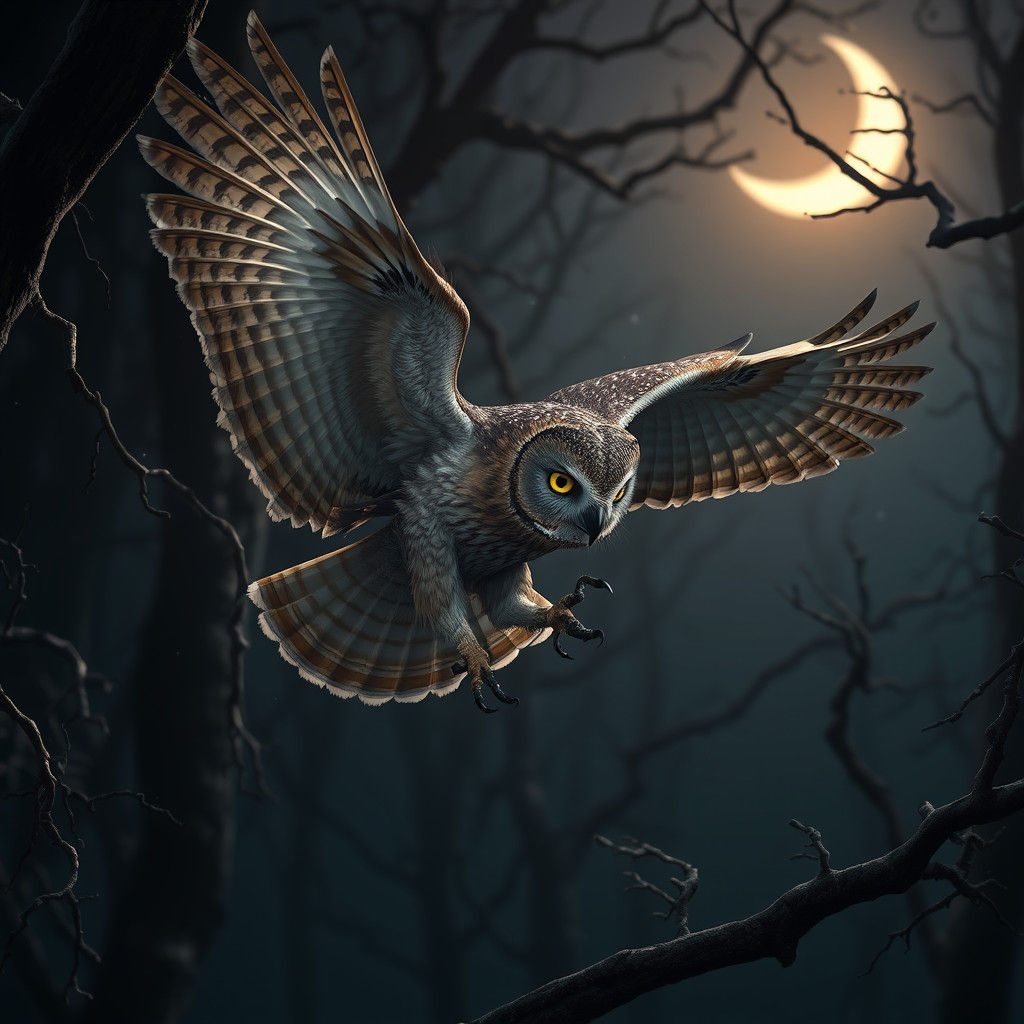 Tawny Owl Hunting in Mystical Forest: Matte Painting