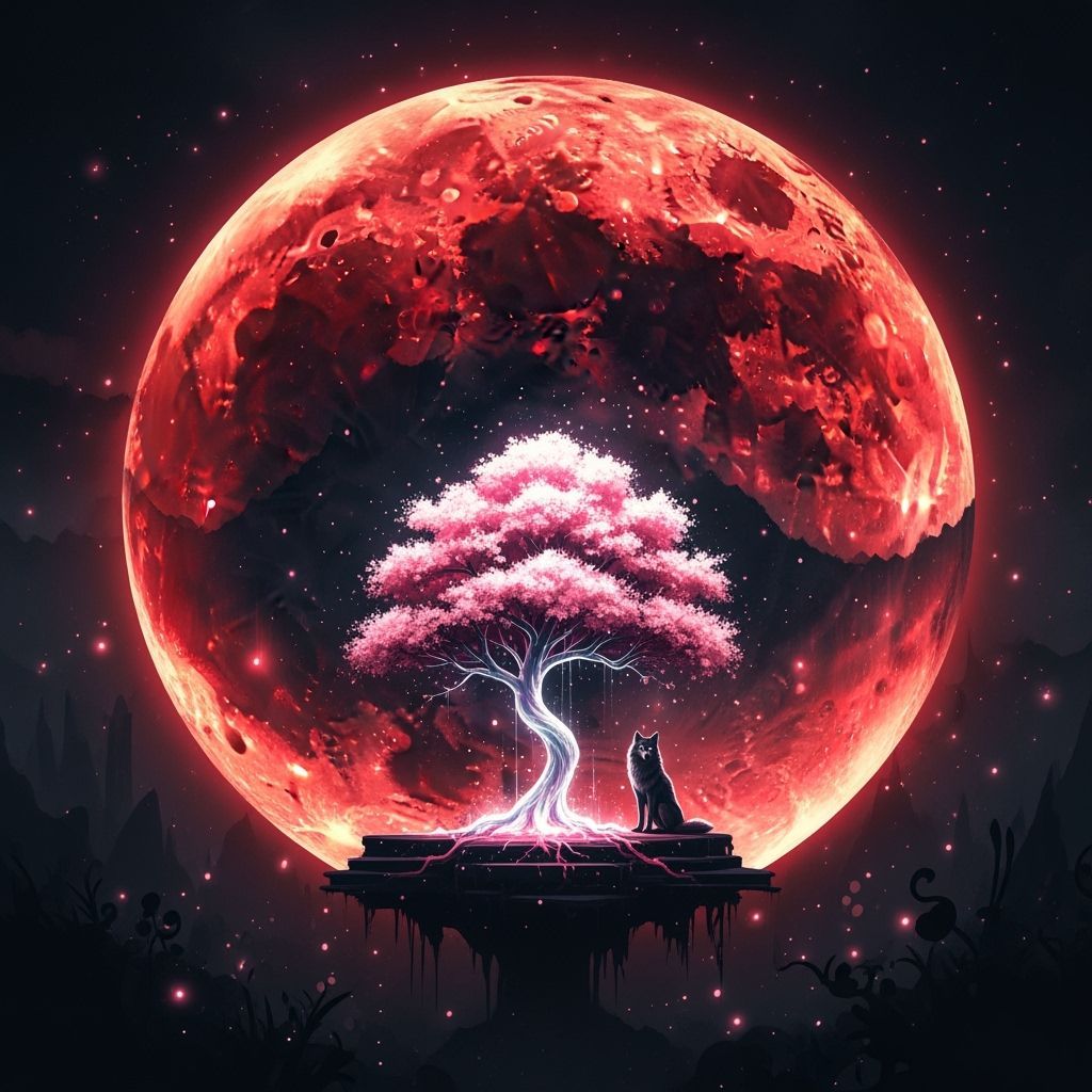 Surreal Blood Moon with Dreamlike Landscape and Luminous Tre...