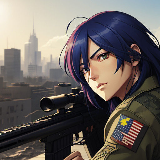 Epic Anime Warrior Aims Rifle in City Ruins
