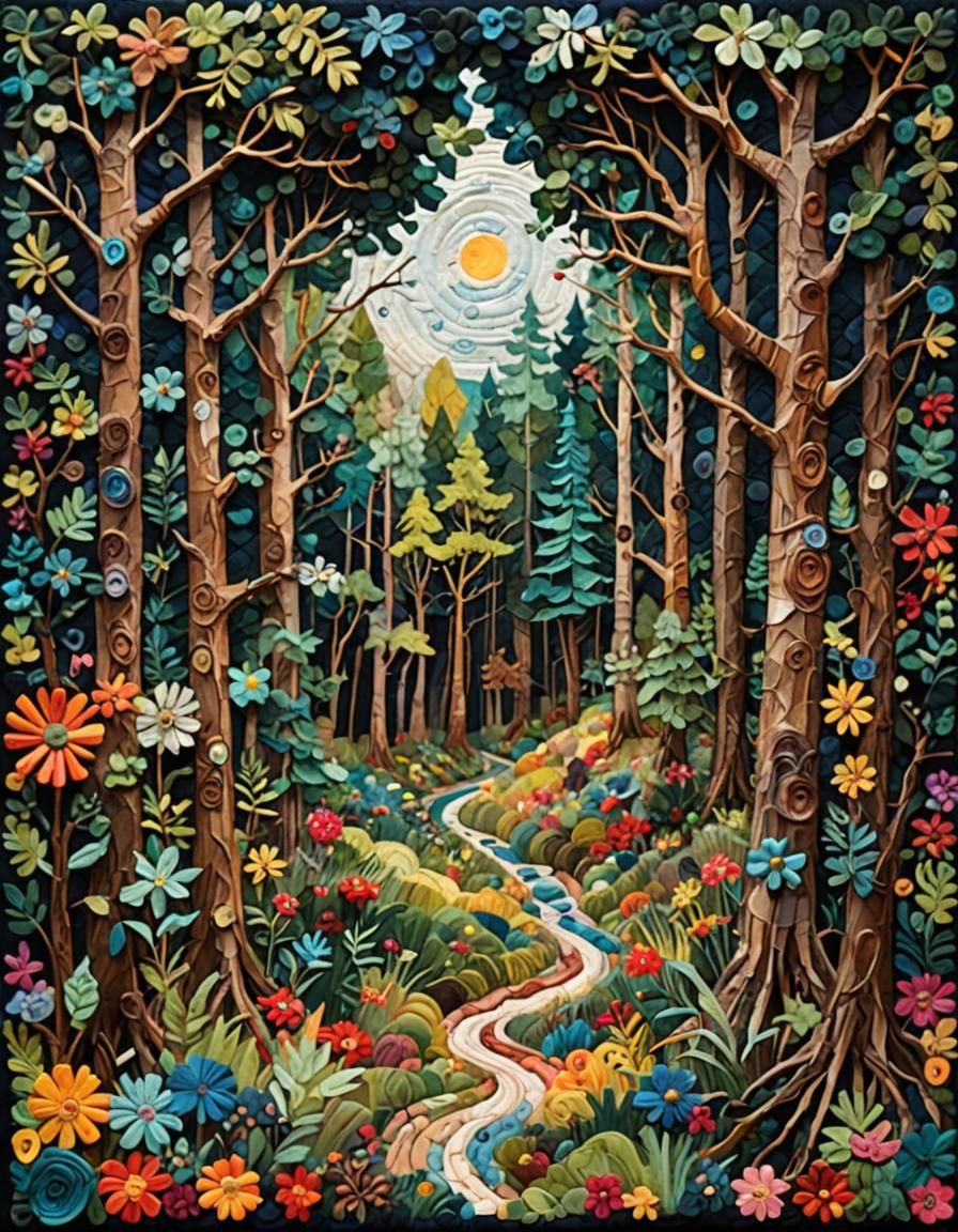 Ancient Forest Depicted in Colorful Folk Art Quilt