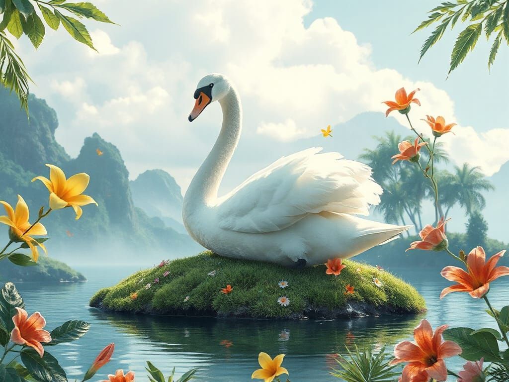 Swan on Tropical Island in Watercolor Style