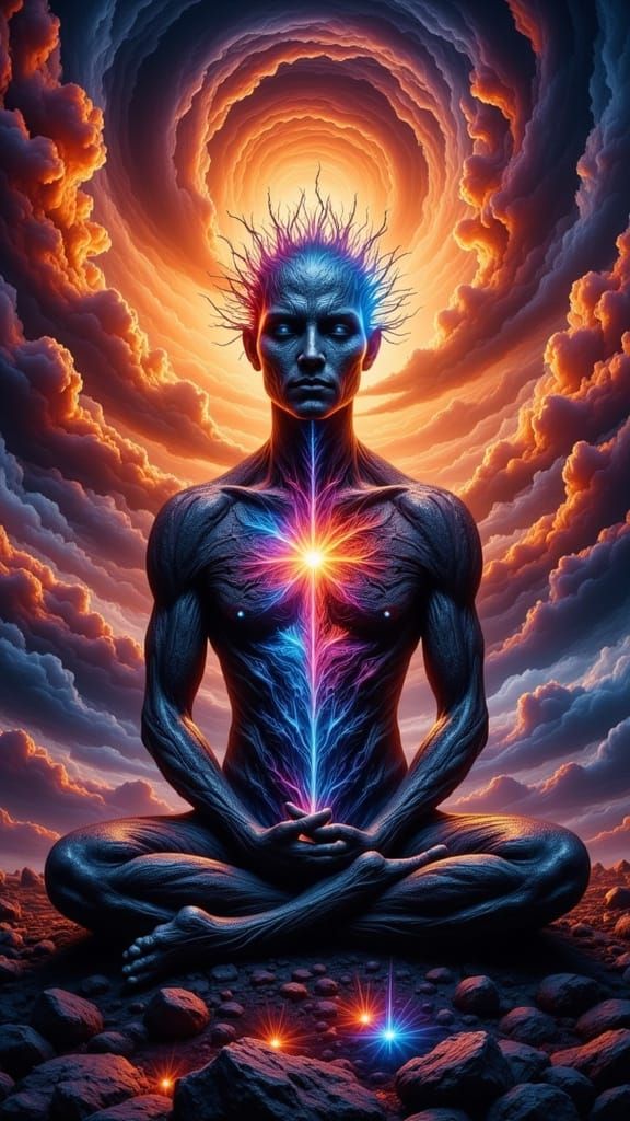 Fractal Stone Figure Meditating at Geometric Sunset