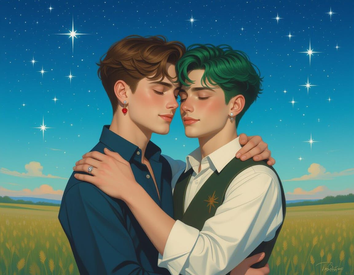 Young Men Embrace Under Starry Night Sky