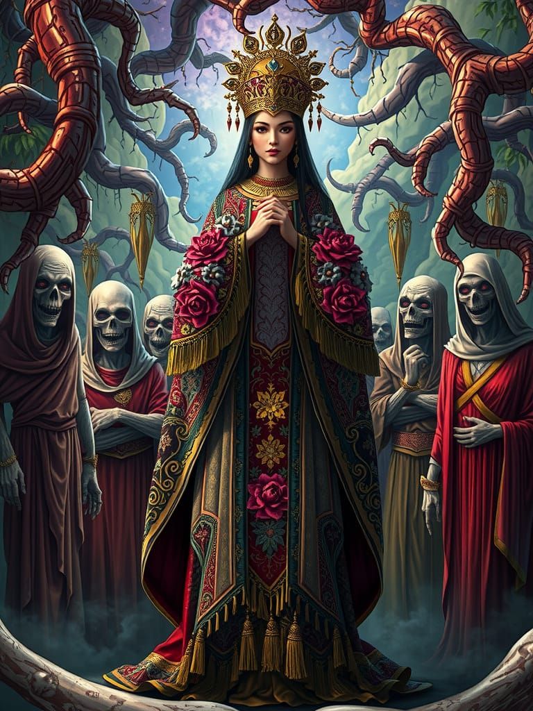 Empress Among Zombies in Hyperrealistic Art Nouveau Style