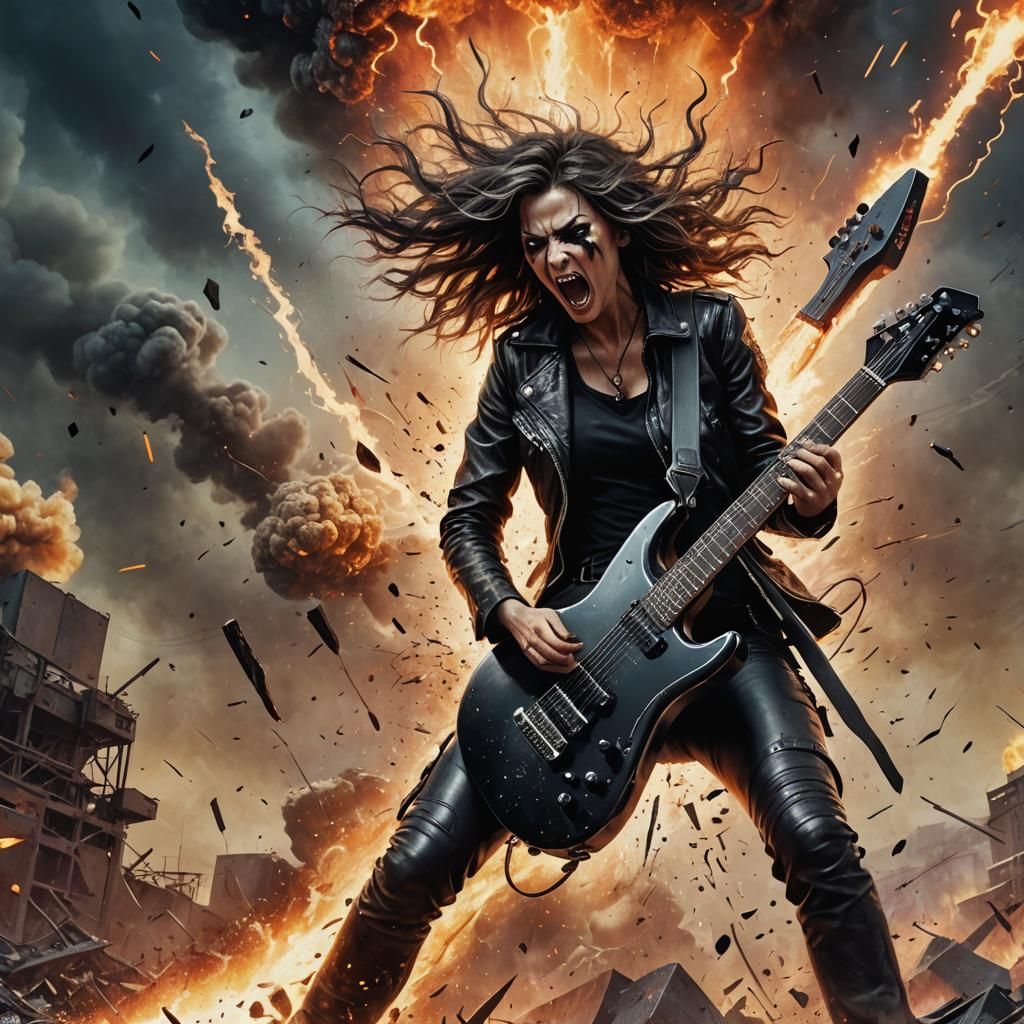 Female Rocker Rides Nuclear Shockwave: Hyperrealistic Splash...