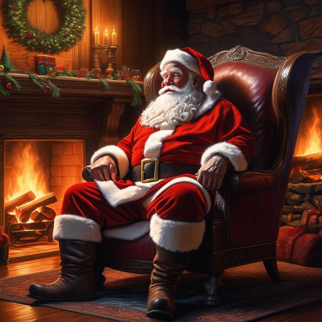Santa Claus Relaxes by the Fireplace