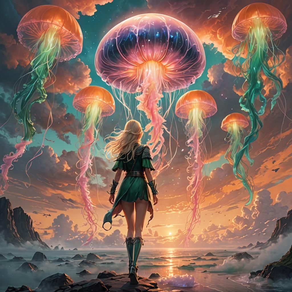 Flying Space Jellyfish in an Orange Sky