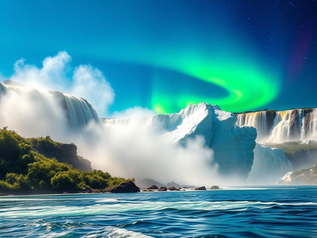 Ethereal Victoria Falls Meets Arctic Serenity in Vibrant Hyp...