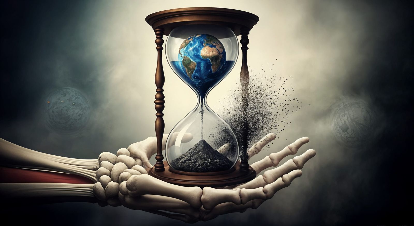 Skeletal Hand Holds Hourglass Amidst Swirling Mist