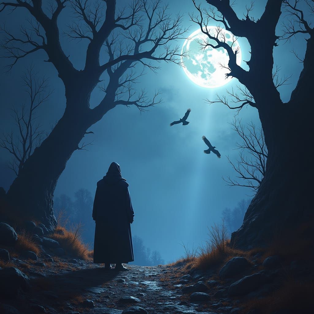 Eerie Moonlit Figure in Dark Fantasy Landscape