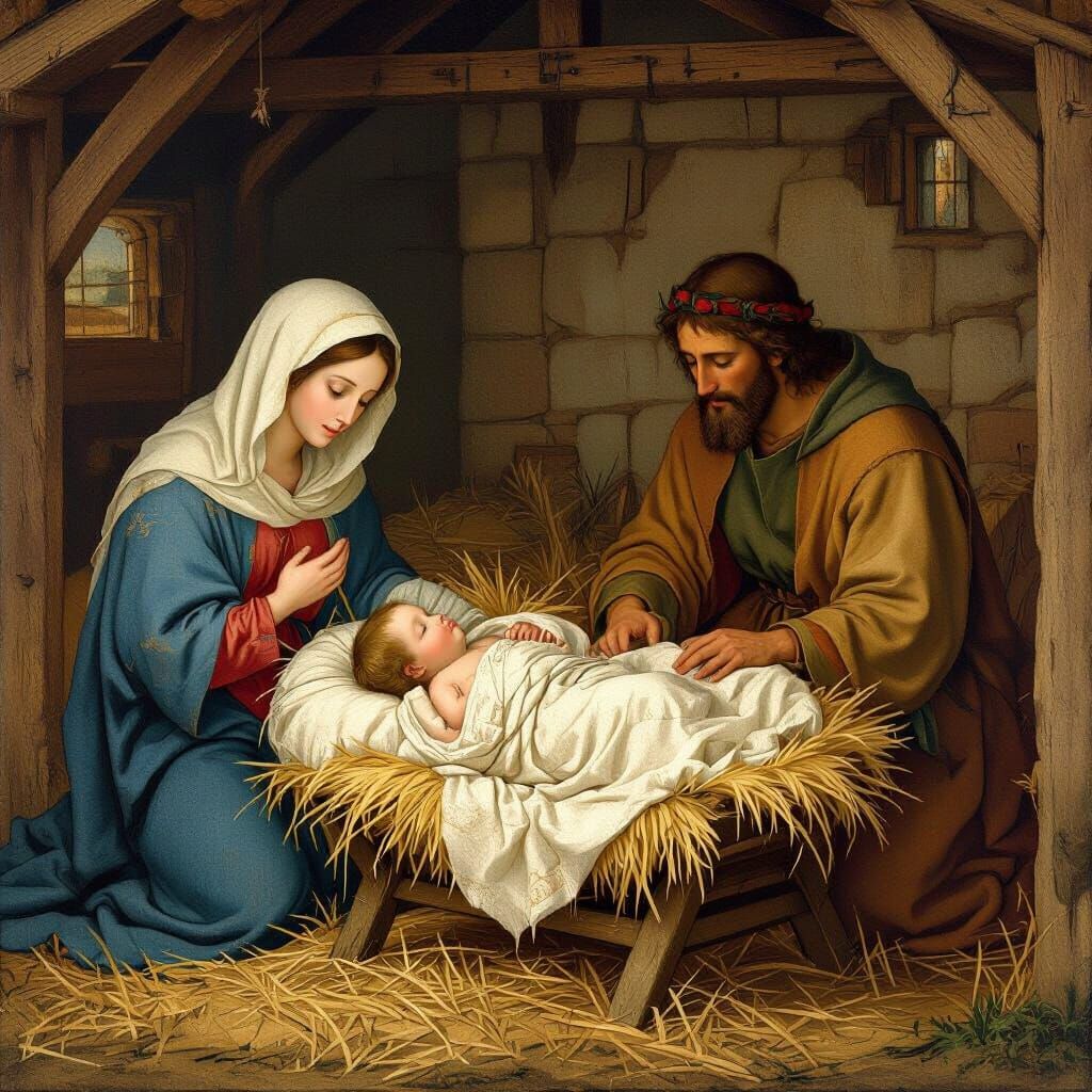 Nativity Scene in the Style of Medieval Illuminations