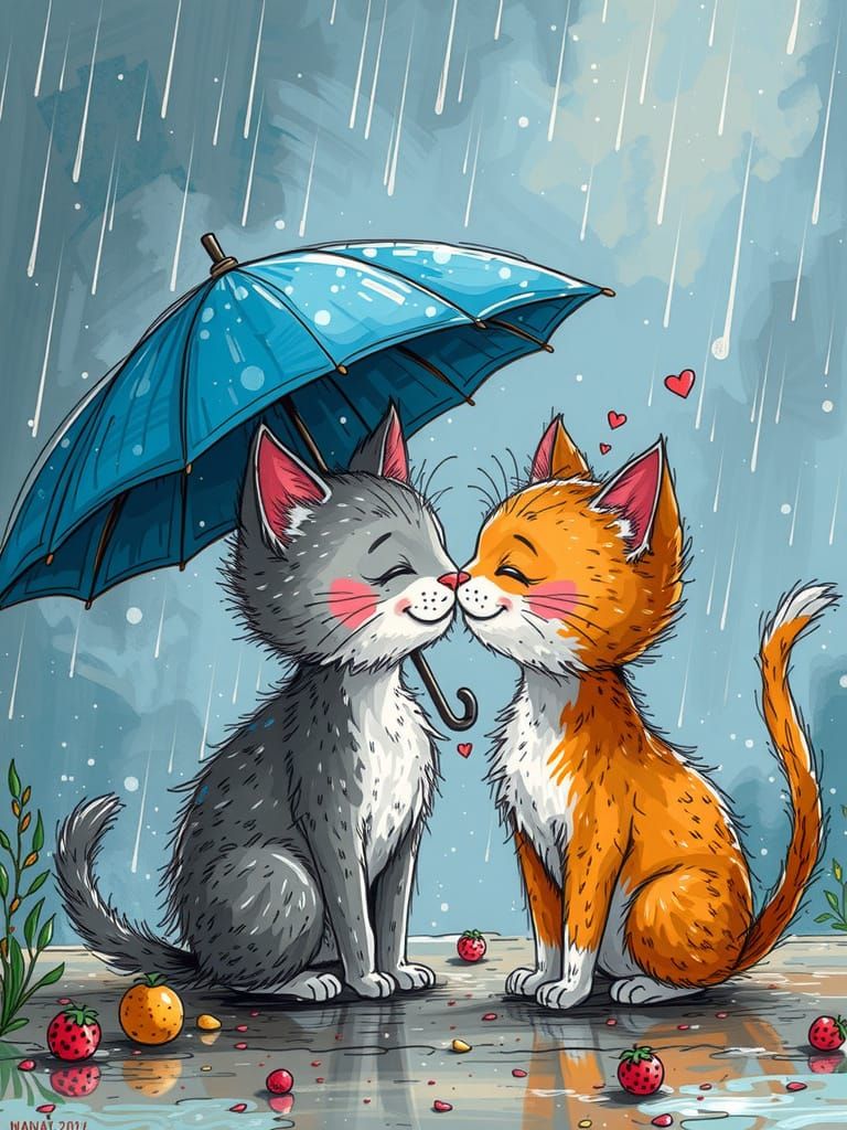“Dos gatos adorables bajo la lluvia compartiendo un beso rom...