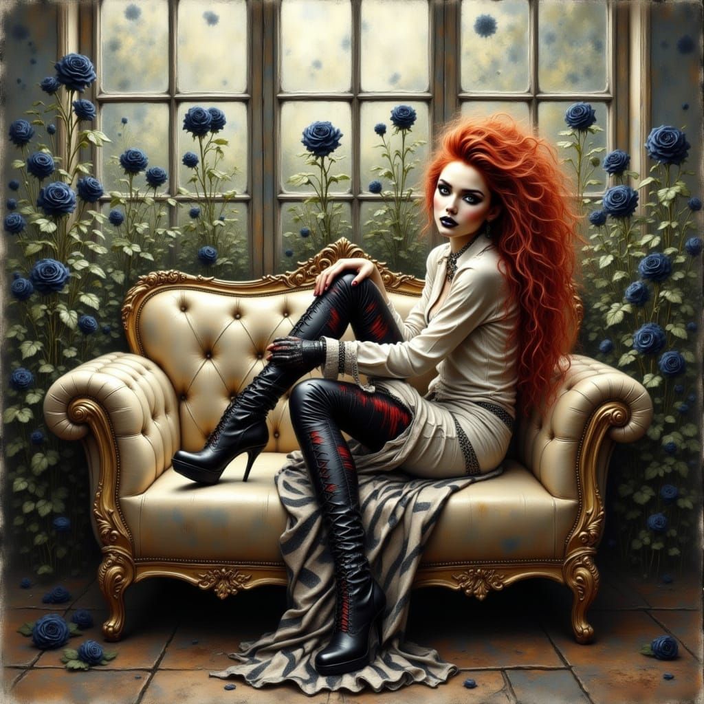 Eerie Woman on Sofa in Tim Burton Style