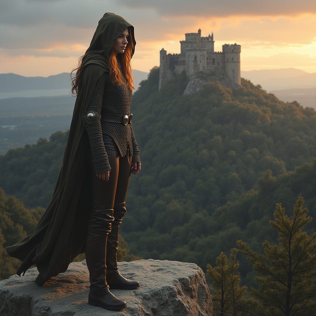 Woman in Chainmail Stands on Rocky Outcropping at Dusk