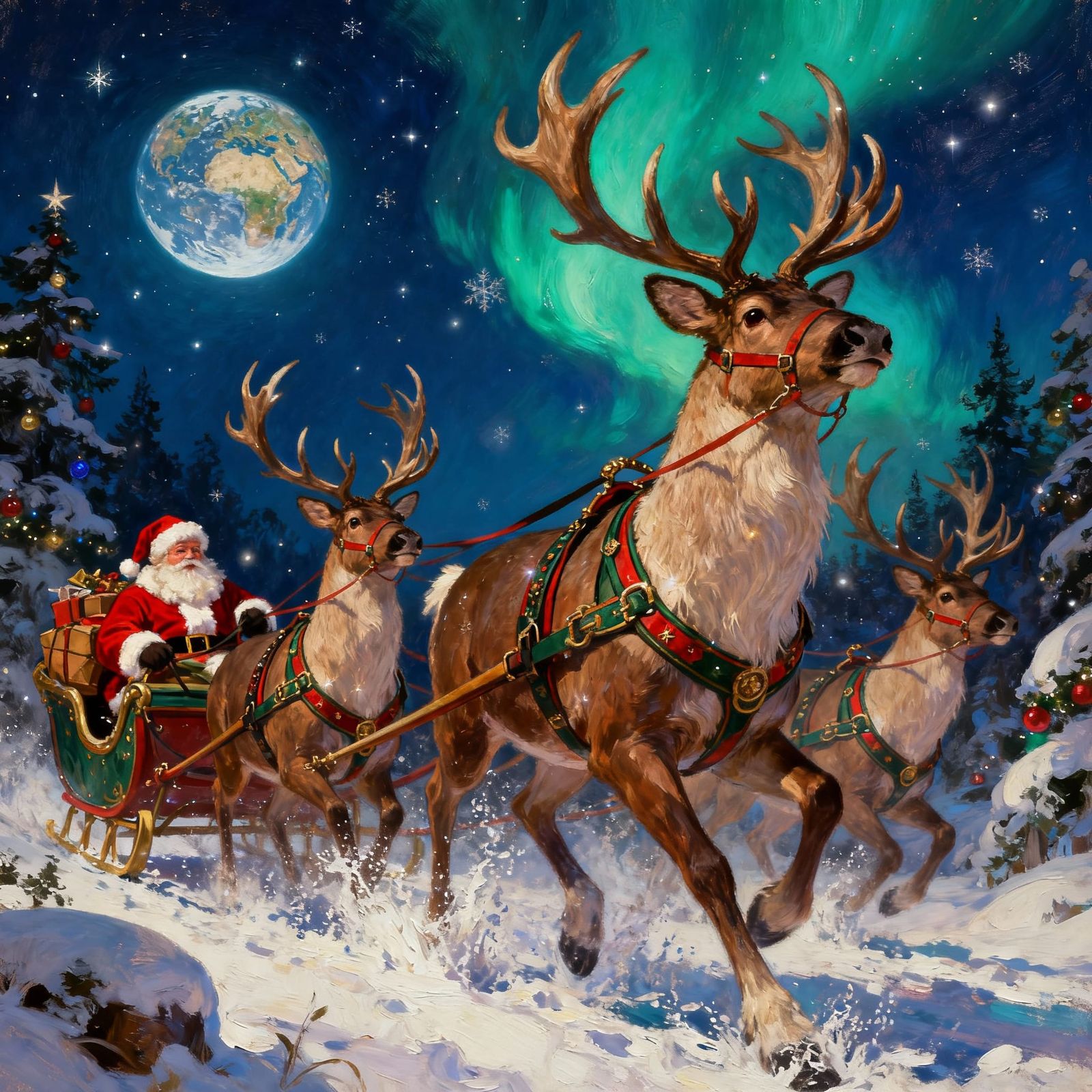 Tonight is the big night. Santa got his reindeer out of the retreat. He has them all harnessed up and out making deliver...