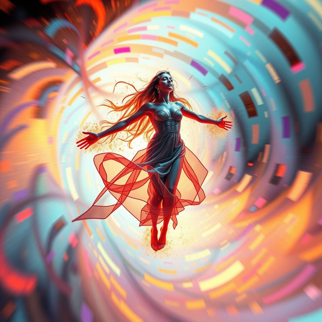 Ethereal Figure in Swirling Vortex with Glitchcore Elements