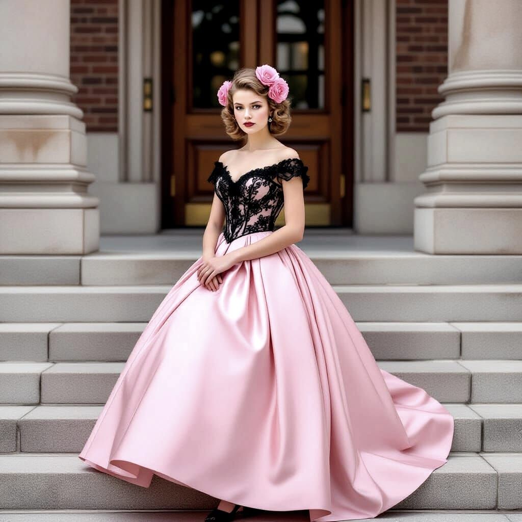 1950s Girl Poses on School Steps in Formal Dress