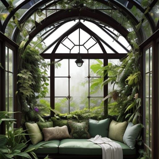 Cozy Reading Nook in Overgrown Greenhouse