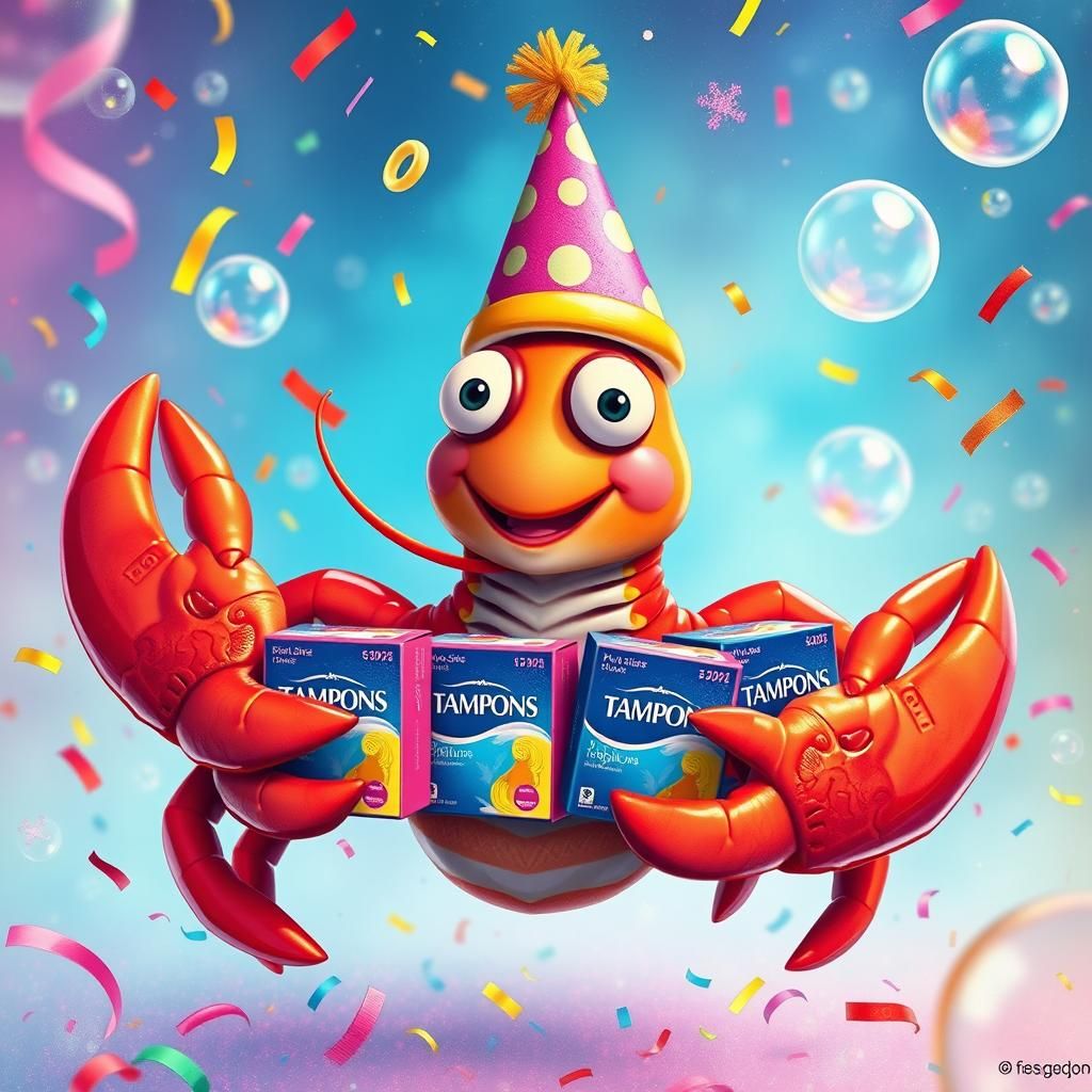 Cheerful Lobster Celebrates with Confetti and Bubbles