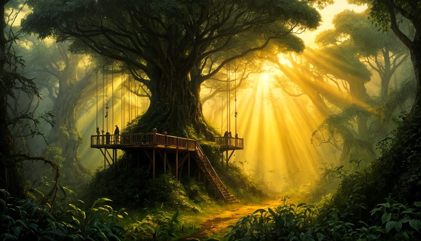 Eerie Jungle Treehouse with Crepuscular Rays in Dark Surreal...