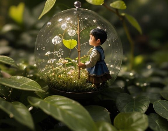 Boy Amazed by Giant Dewdrop in Miniature World