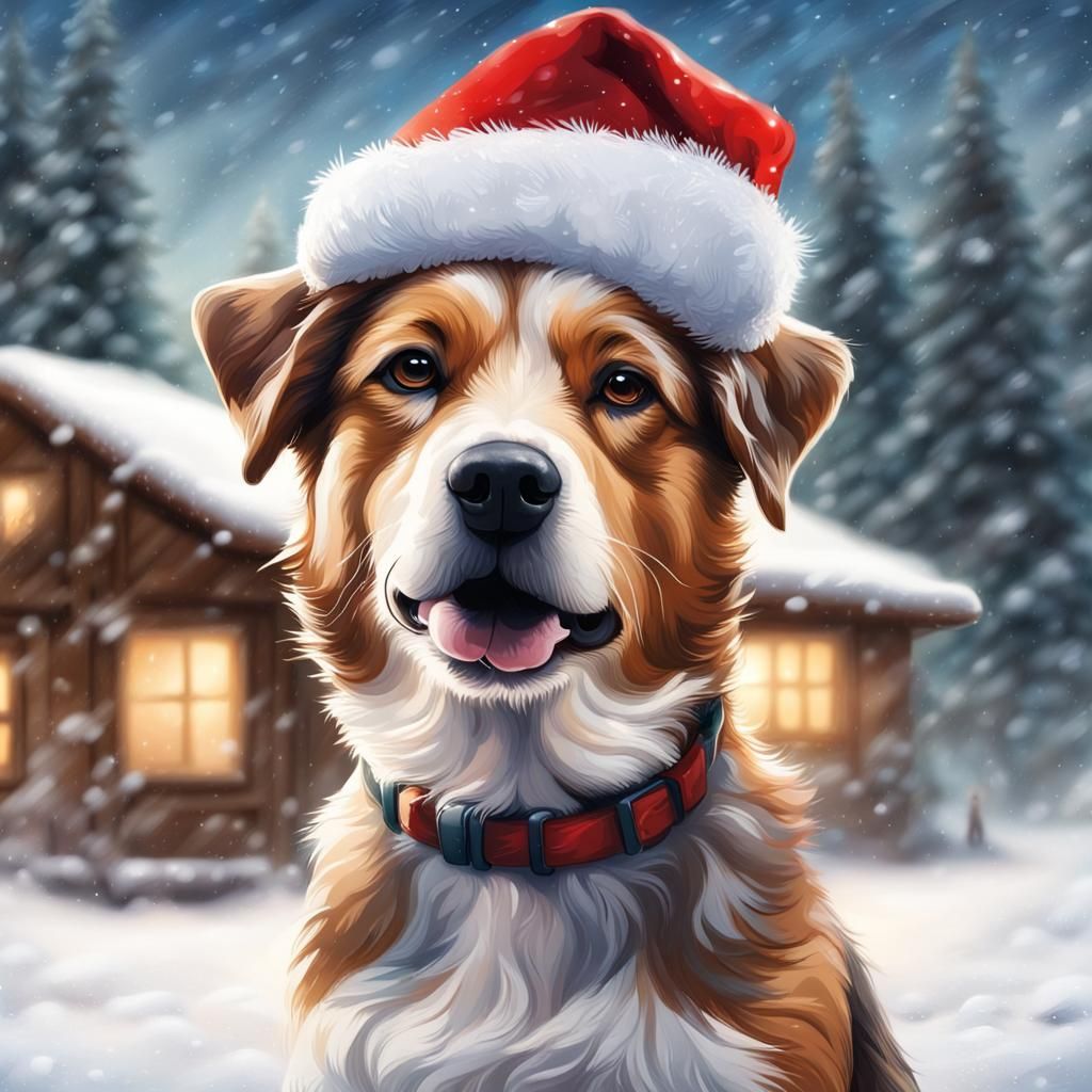Dog in Santa Hat in Snowy Cabin Portrait