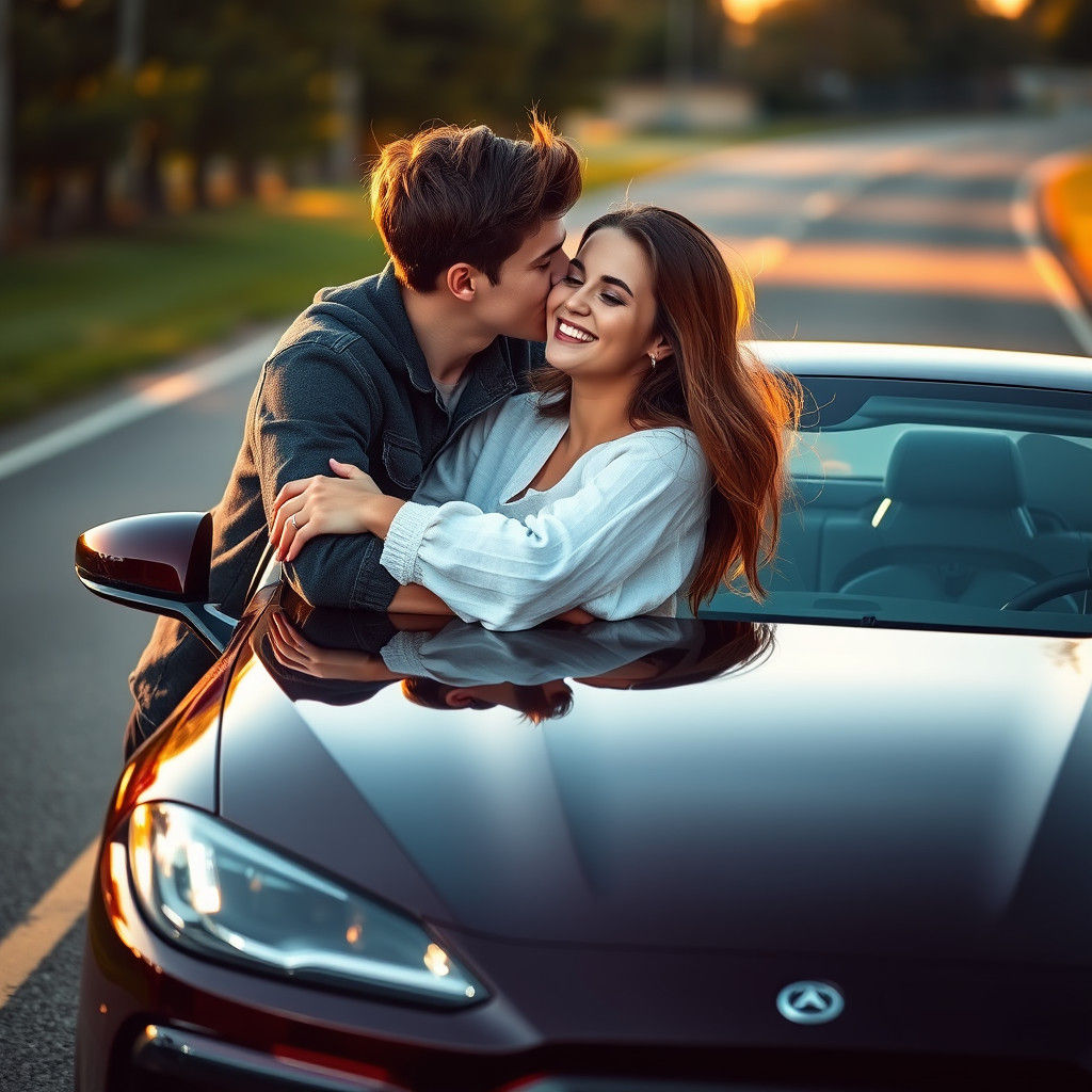 Romantic Couple Embrace on Car Hood in Golden Light