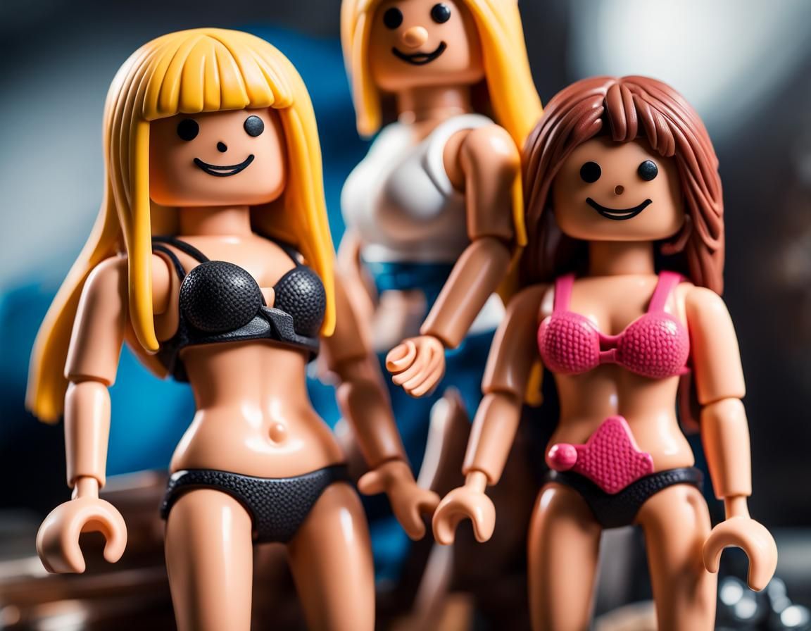 Playmobil Figures Posing on Bodybuilder Abdomen