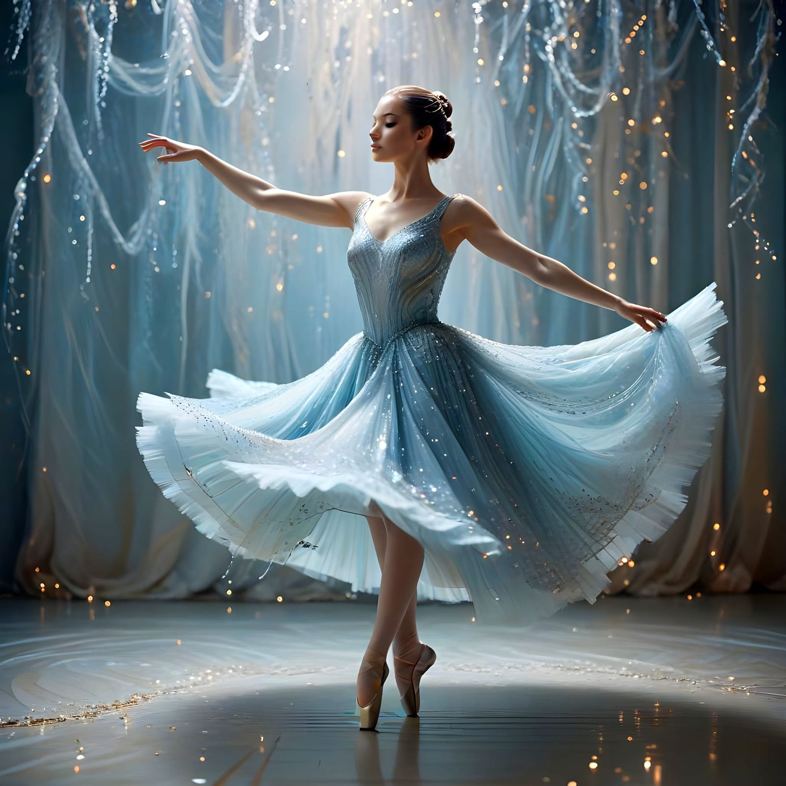 Ballerina Dances Under Twinkling Lights in a Sparkling Blue ...