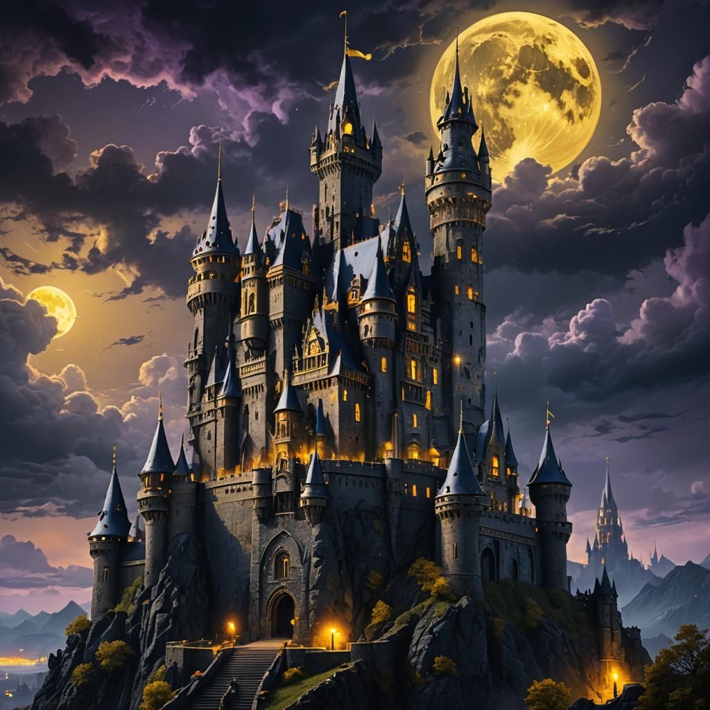 Epic Black Castle Under Yellow Moonlight