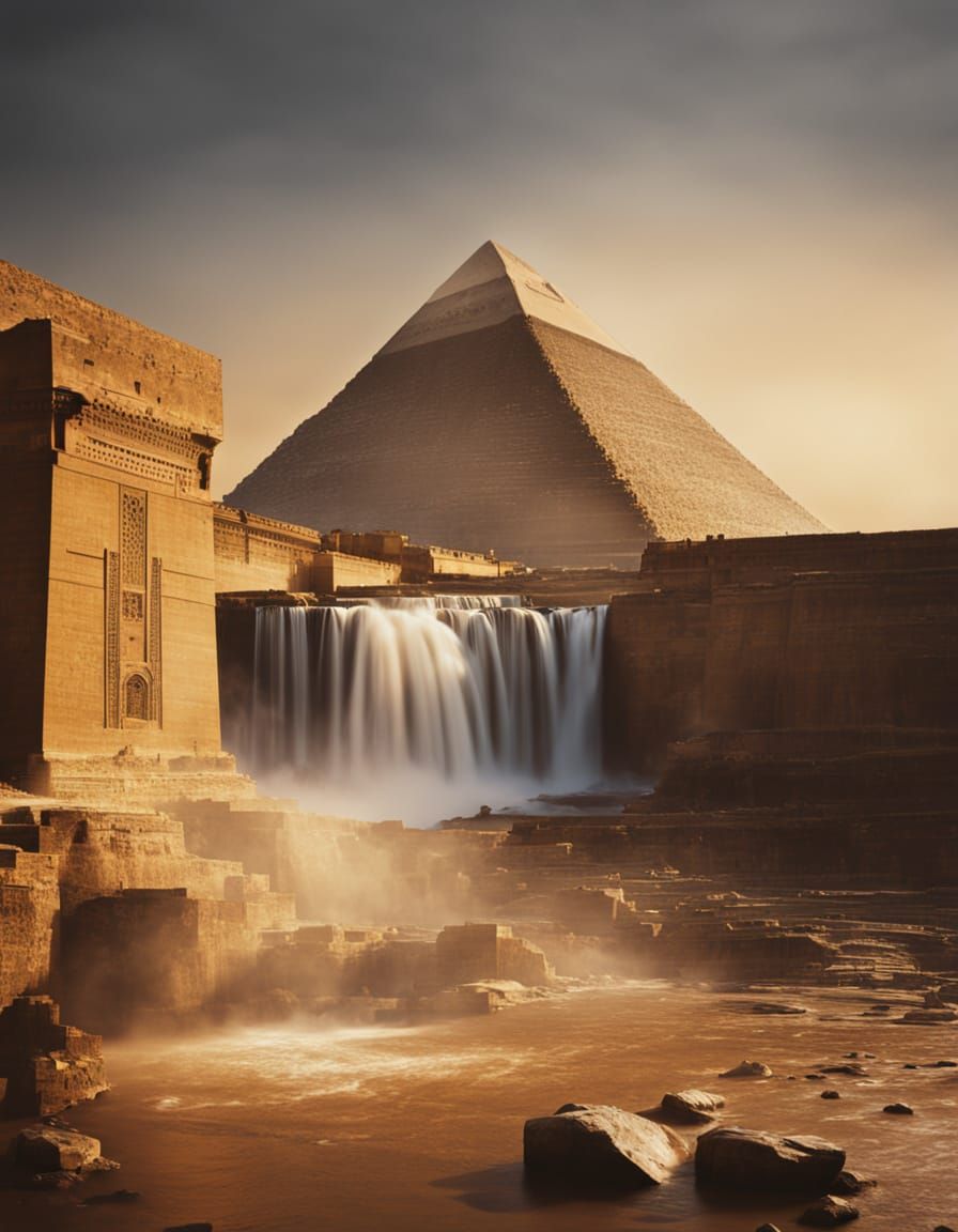 Giza Pyramids Waterfall in Golden Hour
