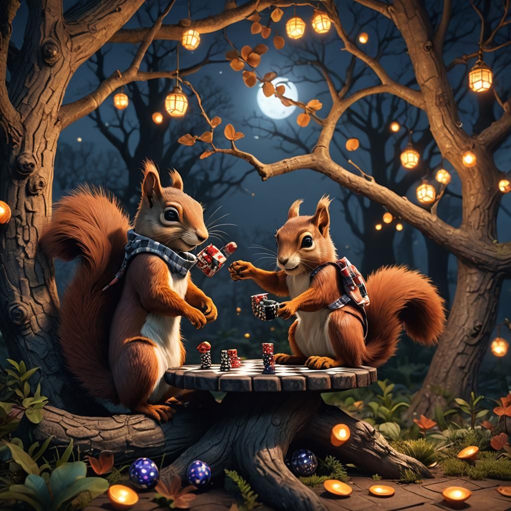 Cartoon Squirrels Play Checkers: Hyperrealistic Matte Painti...