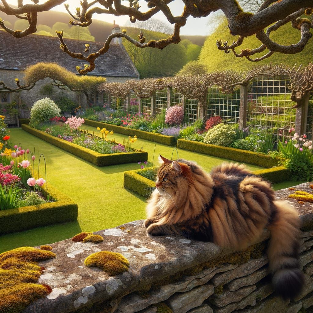 Regal Brown Tabby Cat Overlooks Vibrant Garden