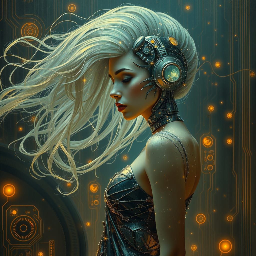 A sorrowful cyborg woman with long, flowing bioluminescent h...