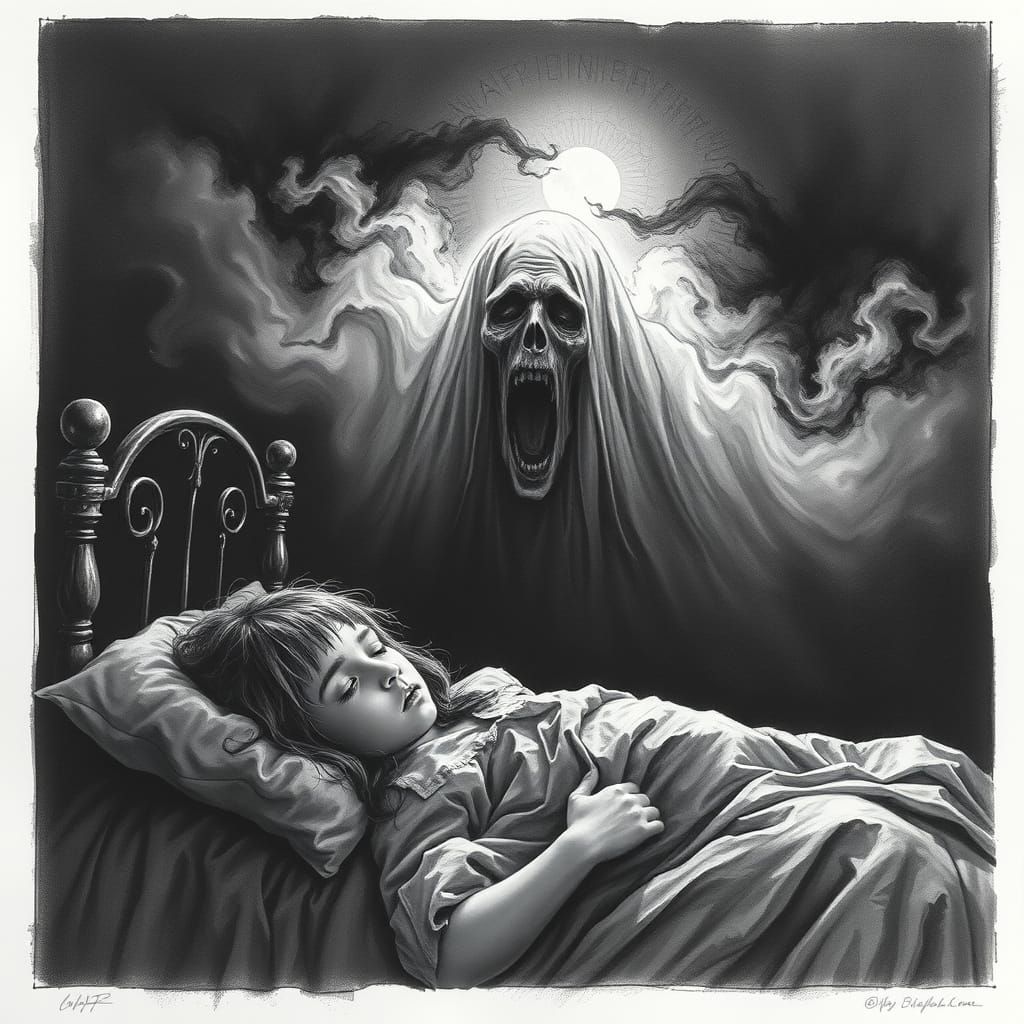 Sleepy Girl Haunted by Tormented Specter in Charcoal Nightma...
