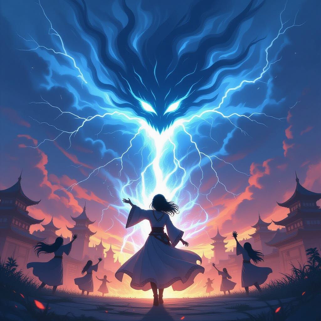 Anime Sorceress Conjures Elemental Storm Over Mystical City