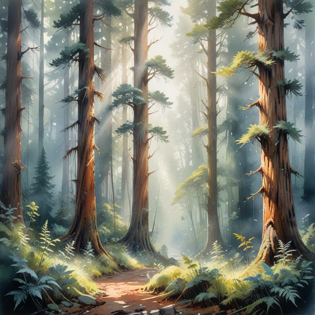 Surrealistic Watercolour Redwood Scene in Morning Mist