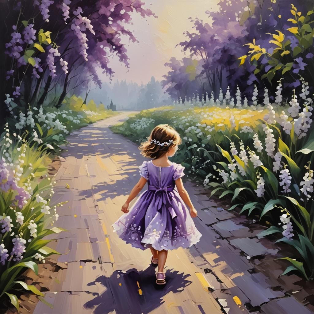 Girl Walking Among Purple Flowers: An Oil Painting