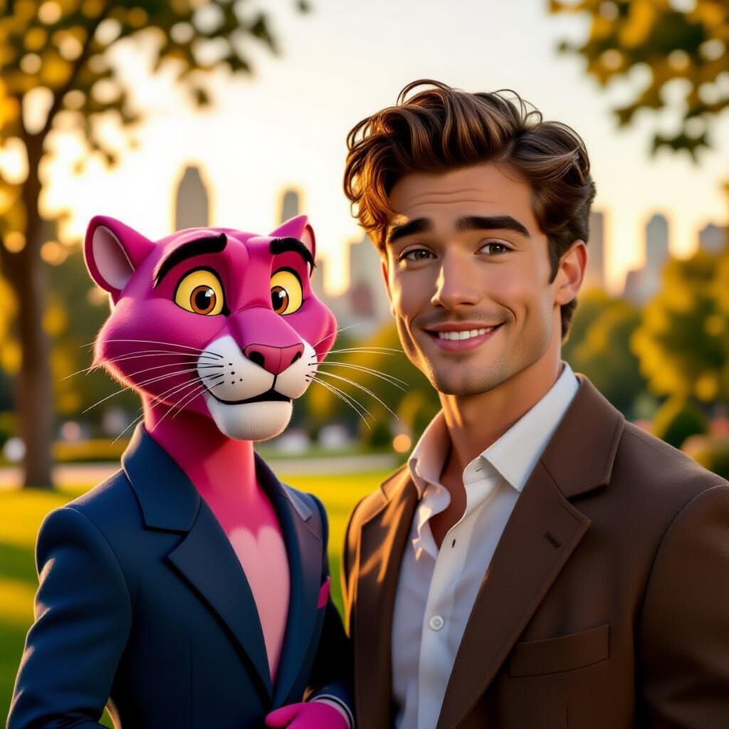 Pink Panther and Friend in Urban Park, Cinematic Style